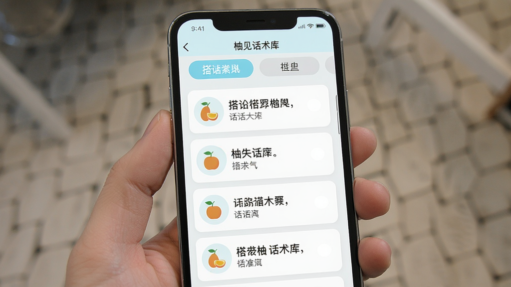 一张展示搭讪柚见话术库界面的手机截图风格图片,主体为手机屏幕内显示多个分类标签和话术卡片列表,布局为纵向滚动排列,排版整齐,风格为清新浅色系,细节上每个话术卡片带有小图标和简短文字,画质高清,干净,无多余元素