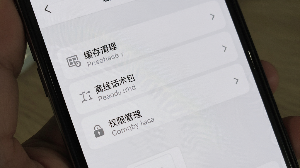 一张展示搭讪柚见设置页面的手机界面图,主体为手机屏幕内显示设置选项列表,布局为纵向排列,排版清晰,风格为浅灰质感,细节上包含缓存清理、离线话术包、权限管理等选项,画质高清,干净,无多余元素