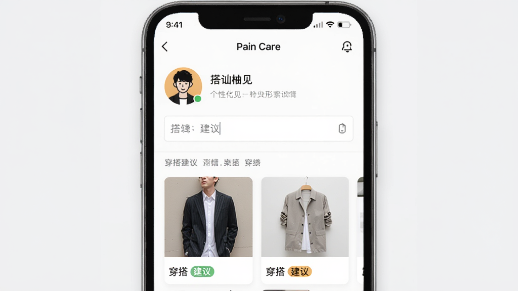 一张展示搭讪柚见个性化形象建议功能的界面图,主体为手机屏幕内显示个人资料编辑页面和穿搭建议卡片,布局为上下结构,排版清晰,风格为简约商务风,细节上包含头像、文字输入框和建议标签,画质高清,干净,无多余元素