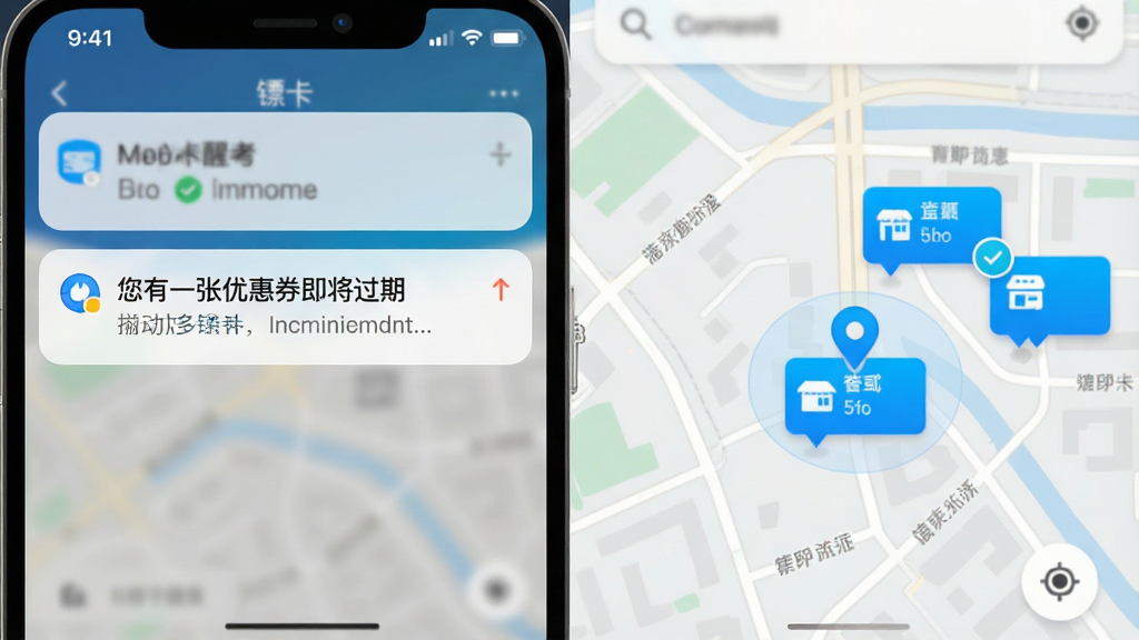 一张展示“镖卡”应用内提醒功能的界面截图风格图片,画面分为左右两部分,左侧是手机通知栏弹出“您有一张优惠券即将过期”的提醒,右侧是地图界面显示用户位置附近有可用卡的商户图标,界面配色以浅灰和亮蓝为主,视觉上突出智能与贴心,整体风格简洁现代,画质清晰,无杂乱元素
