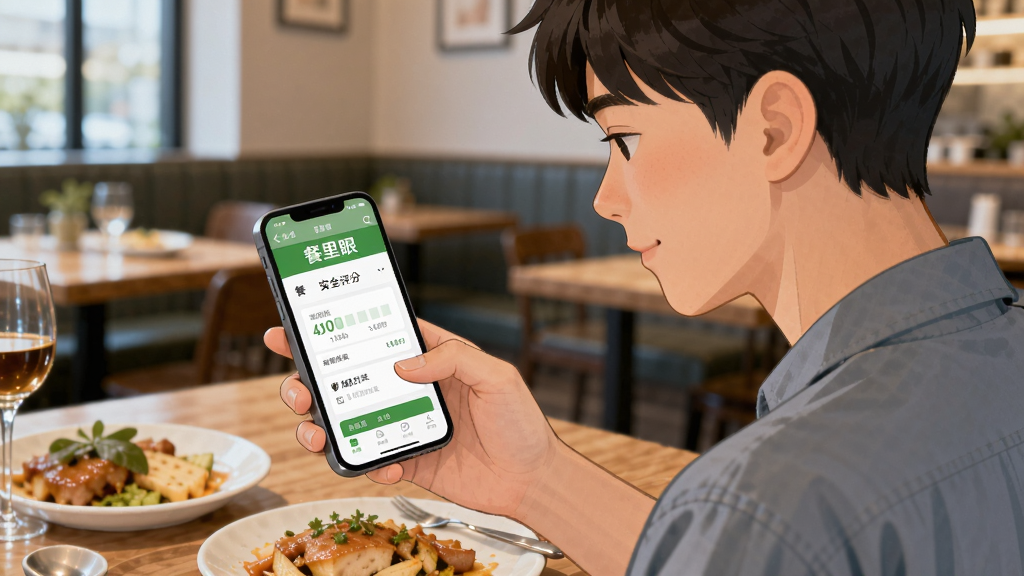 一位年轻人在餐厅用餐时使用手机查看