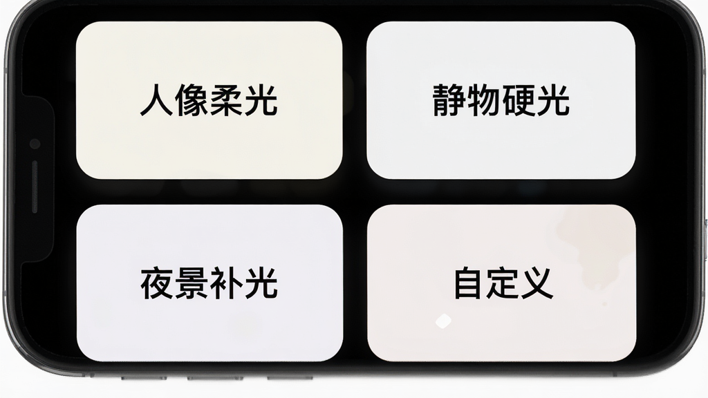 一张展示 Zeniko 应用预设模式选择界面的图片,画面主体是手机屏幕,屏幕上排列着四个圆角矩形卡片,分别写着人像柔光、静物硬光、夜景补光、自定义,卡片背景为浅色,布局为两行两列,排版整齐,风格为清新简约,细节上卡片有轻微阴影,画质清晰,干净,无多余元素