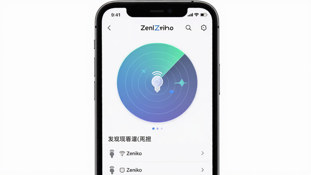 一张展示 Zeniko 应用自动扫描并连接灯具的界面图片,画面主体是手机屏幕,屏幕中央显示一个雷达扫描动画,雷达圈内有 Zeniko 灯具的图标,下方列出已发现的设备名称,布局为上下结构,排版清晰,风格为扁平化科技感,细节上雷达光晕有渐变效果,画质清晰,干净,无多余元素