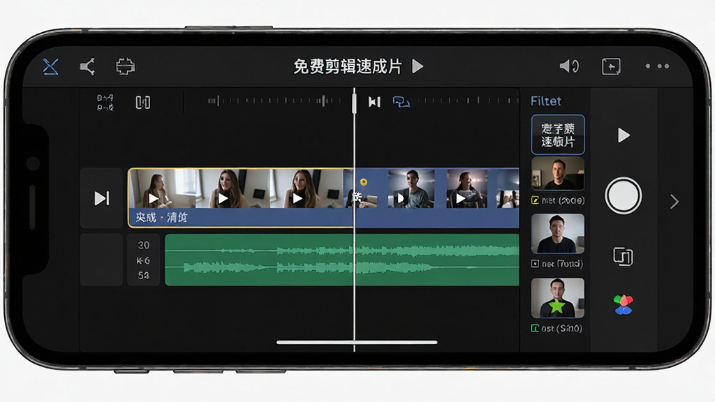 手机屏幕上显示视频剪辑时间线界面,画面中央是免费剪辑速成片软件的操作面板,包含视频轨道、音频轨道、文字图层和滤镜缩略图,背景为深色UI风格,布局清晰紧凑,画质干净高清,无多余元素