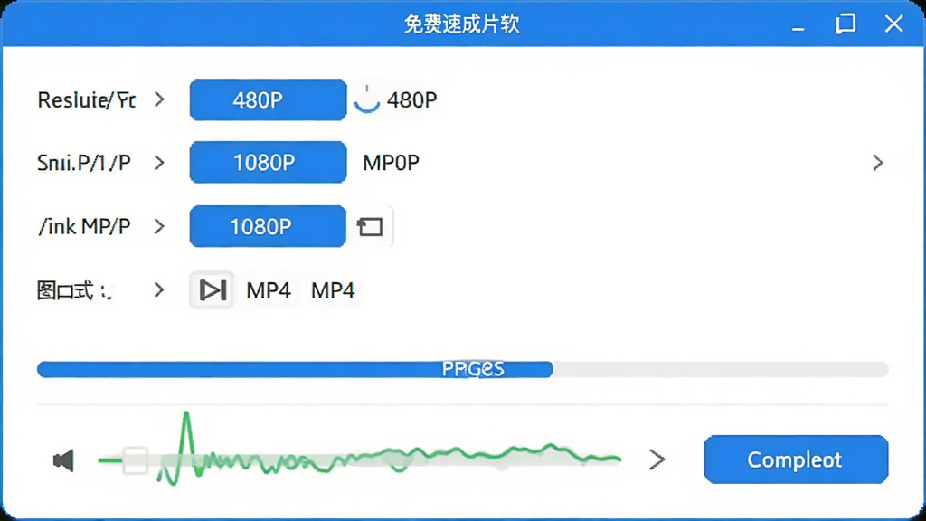 免费剪辑速成片软件导出设置界面,显示分辨率选项从480P到1080P,格式为MP4,画面中有导出进度条和完成按钮,界面配色以蓝白为主,风格清爽简洁,画质高清