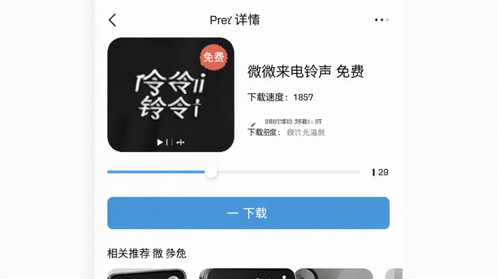 微来电铃声免费多 免费下载页面,主体为手机应用内的铃声详情页,布局采用上下结构,上方为铃声封面与播放进度条,下方为下载按钮与相关推荐,排版简洁明了,风格为素雅极简,细节包含免费标签与下载速度显示,画质高清干净,无多余元素