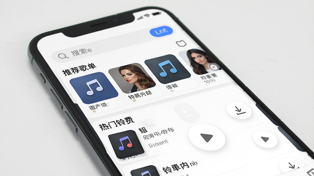 微来电铃声免费多 软件主界面展示,主体为一部智能手机屏幕,屏幕内呈现铃声分类列表与播放按钮,布局采用上下结构,上方为搜索栏与推荐歌单,下方为热门铃声列表,排版整齐清晰,风格为现代简约扁平化设计,细节包含音符图标与下载箭头,画质高清干净,无多余元素