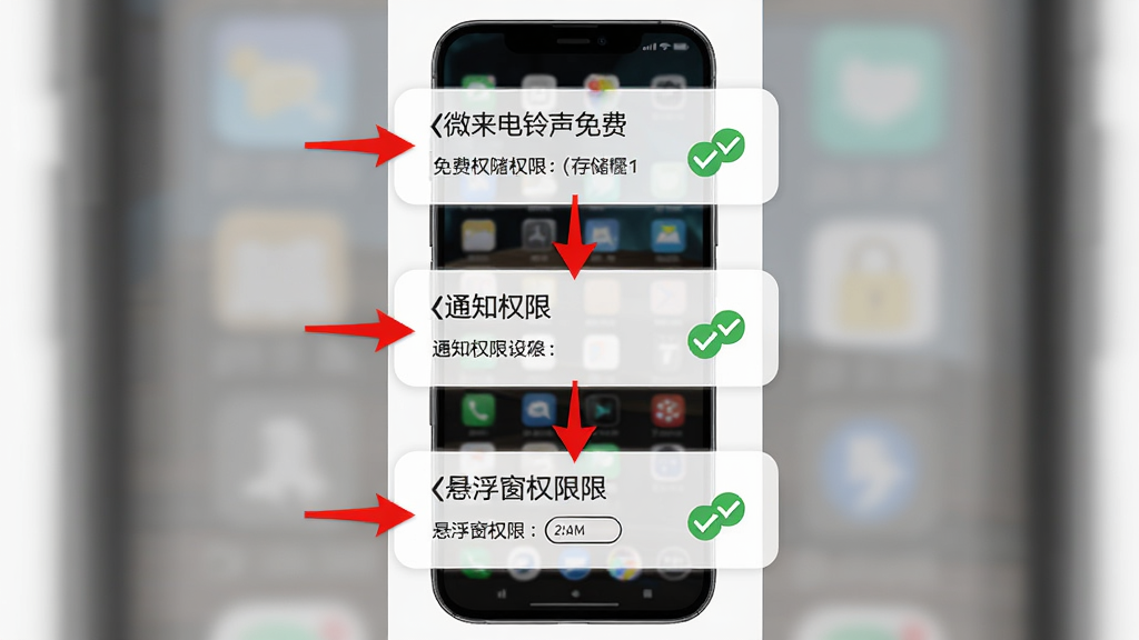 微来电铃声免费多 权限设置操作指引图,主体为手机屏幕截图风格,布局为纵向步骤排列,排版包含存储权限、通知权限、悬浮窗权限三个设置项,风格为清晰教程风,细节包含红色箭头指示与勾选图标,画质高清干净,无多余元素