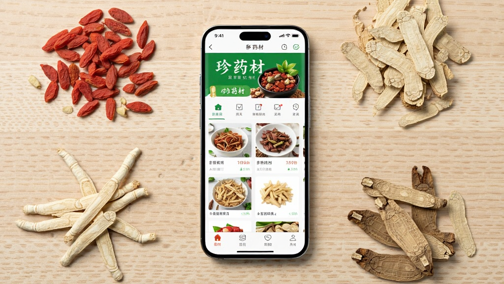 主体为一部智能手机,屏幕显示中药材电商平台界面,布局为手机居中放置于木质桌面,周围散落少量枸杞、黄芪、当归等中药材作为点缀,排版采用竖版构图,风格为写实商业摄影,细节包括手机屏幕中清晰展示