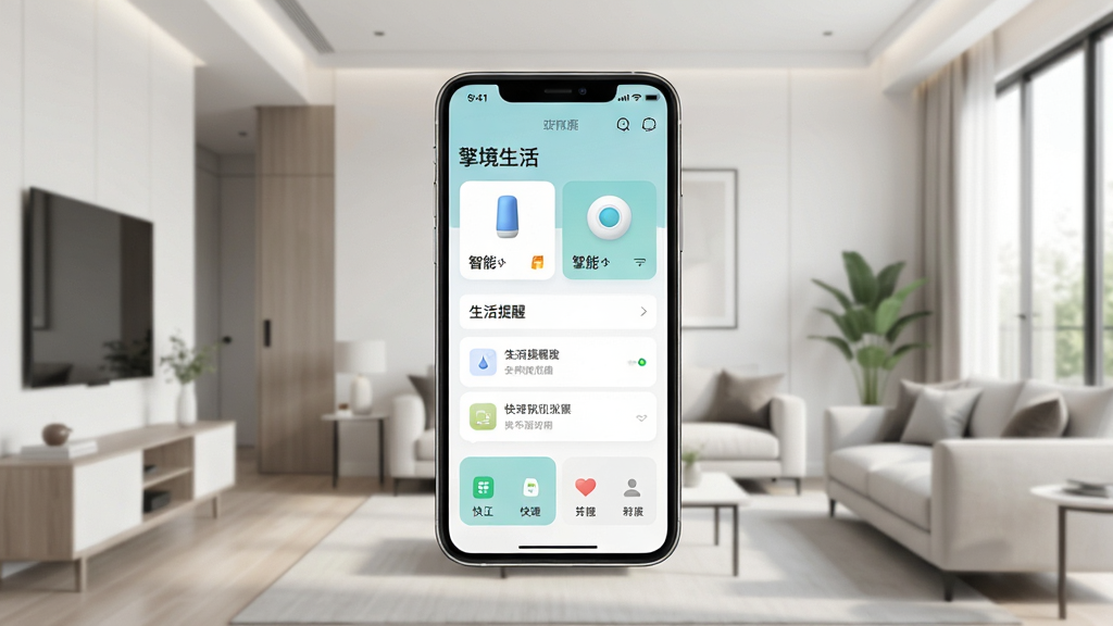 一张展示智能手机界面的图片,手机屏幕中央显示“擎境生活”应用的主页,页面布局包含智能设备卡片、生活提醒列表和快捷功能入口,背景为现代简约家居环境,风格干净明亮,细节丰富,画质清晰,无多余元素