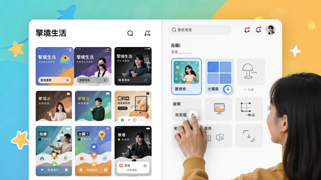 一张展示个性化界面定制功能的图片,画面中“擎境生活”应用提供多种主题皮肤和布局选项,用户正在拖动模块进行排序,风格活泼明快,排版自由,画质清晰,无多余元素