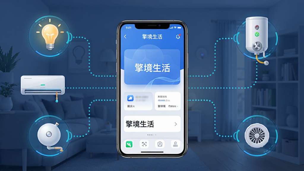 一张展示智能家居场景联动的示意图,画面中央是“擎境生活”应用界面,周围环绕着灯泡、空调、热水器等设备图标,通过虚线连接表示联动关系,风格科技感十足,排版清晰,画质干净,无多余元素