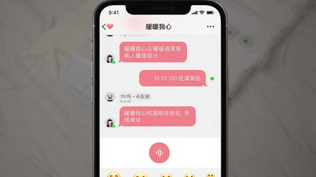 一张展示“暖暖我心”聊天界面的手机截图风格图,画面中央是手机屏幕,屏幕内显示对话气泡、语音按钮和表情面板,布局为竖屏展示,风格为清新社交UI,细节包含粉色与白色搭配的聊天气泡、时间戳、在线状态小绿点,画质高清,干净,无多余元素