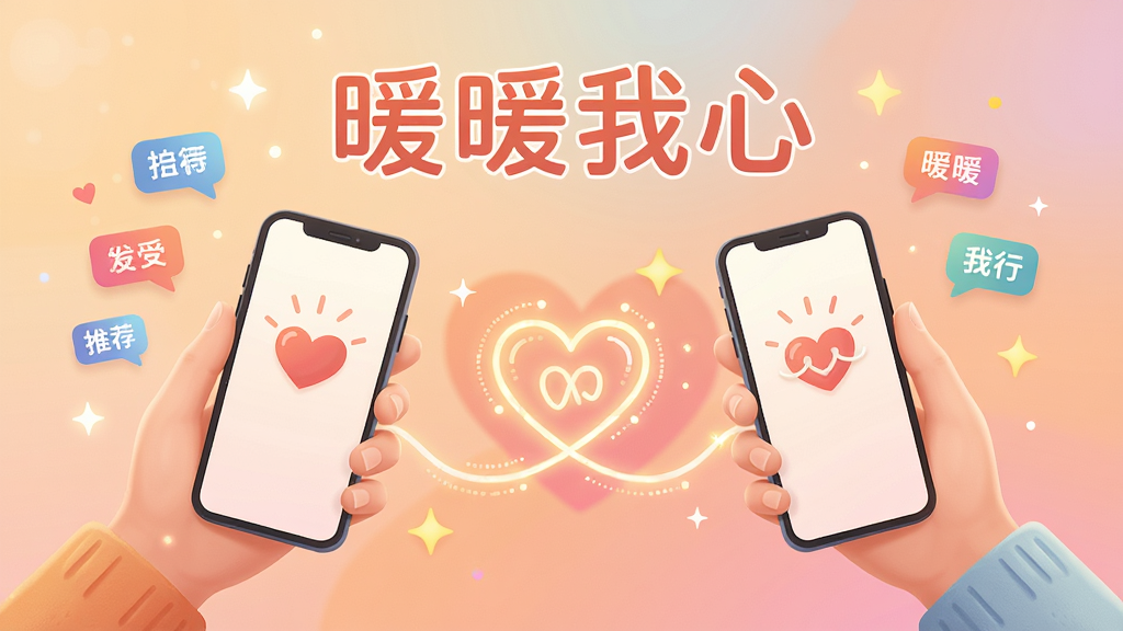 一张以“暖暖我心”智能匹配推荐为主题的插画,画面主体是两只手各自拿着手机,手机屏幕之间由一条发光的心形数据线连接,布局左右对称,排版上方有“暖暖我心”文字,风格为温暖治愈系数字插画,细节包含漂浮的兴趣标签图标、星星光点、柔和渐变背景,画质高清,干净,无多余元素