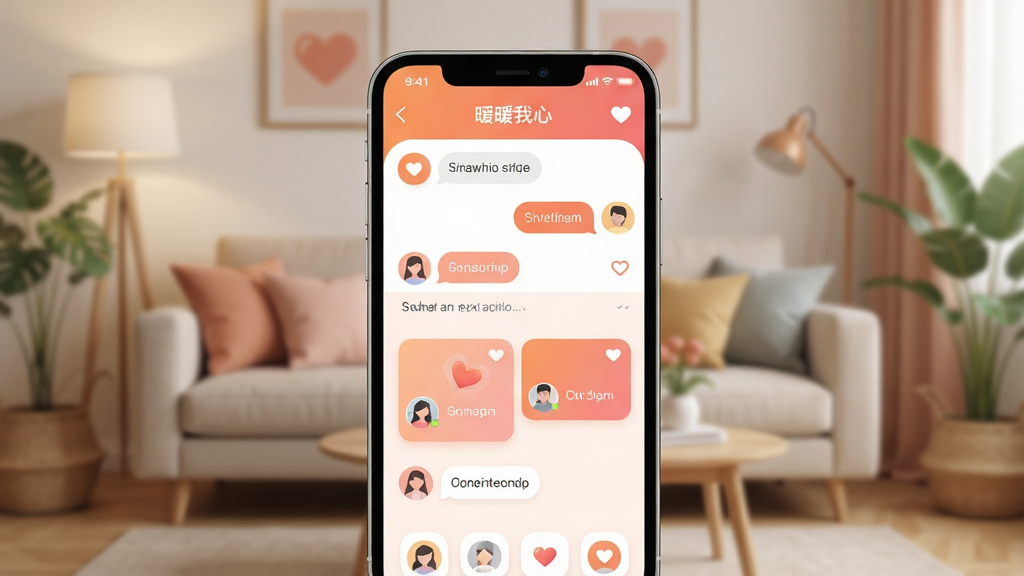 一张展示“暖暖我心”交友软件主界面的手机样机图,画面中央是手机屏幕,屏幕内呈现温暖橙粉色调的聊天列表与匹配卡片,背景是柔和的居家客厅场景,布局采用居中构图,风格为现代扁平化UI展示,细节包含圆角图标、心形点缀、用户头像气泡,画质高清,干净,无多余元素