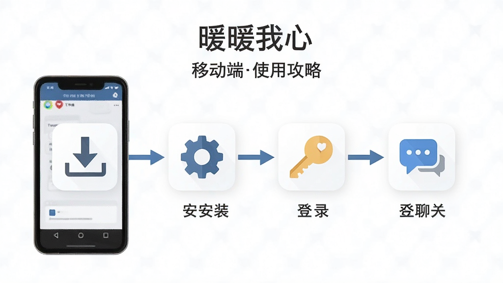 一张以“暖暖我心”移动端使用攻略为主题的流程图,画面主体是手机屏幕从下载到聊天的四个步骤图标依次排列,布局为横向时间轴,风格为扁平化信息图,细节包含下载箭头、安装齿轮、登录钥匙、聊天气泡图标,画质高清,干净,无多余元素