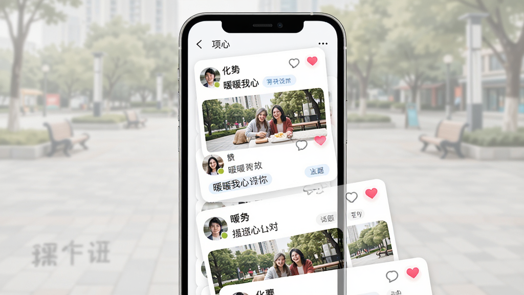 一张以“暖暖我心”动态社区广场为主题的界面示意图,画面主体是手机屏幕内呈现瀑布流动态卡片,卡片包含用户头像、文字描述和配图,布局为竖向滚动列表,风格为现代社交媒体UI,细节包含点赞爱心图标、评论气泡、话题标签,画质高清,干净,无多余元素