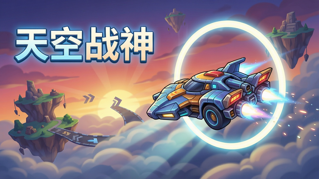 一张以“天空战神”为主题的手机游戏宣传图,画面中央是一辆造型炫酷的飞行战车正在穿越云层中的发光圆环,背景是漂浮在空中的岛屿和渐变色的晚霞天空,画面左侧悬浮着“天空战神”四个发光大字,整体布局为横向构图,排版上游戏名称位于左上方,主体战车位于画面中央偏右,风格为卡通渲染与科幻感结合,细节包括战车尾部的粒子尾焰、云层的体积光、远处若隐若现的赛道指示箭头,画质为高清游戏宣传图,干净,无多余元素