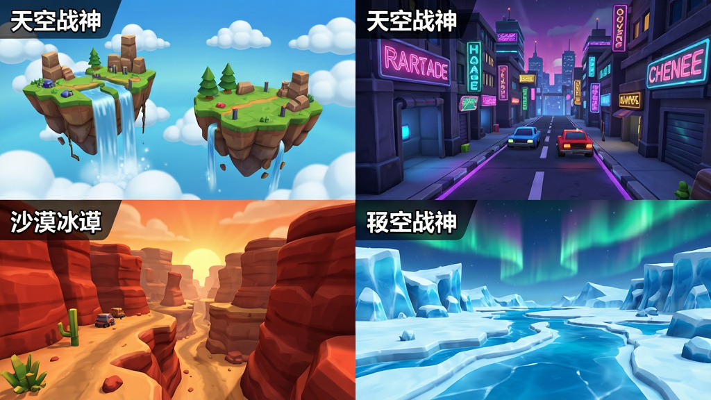 一张“天空战神”游戏内多主题赛道的拼图式宣传图,画面分为四个区域分别展示云上浮岛、霓虹都市、沙漠峡谷、极地冰川四个赛道场景,布局为2x2网格排列,排版上每个区域角落标注赛道名称,风格为卡通渲染,细节包括浮岛上的瀑布、都市的霓虹灯牌、峡谷的红色岩壁、冰川的极光天空,画质为高清游戏场景图,干净,无多余元素