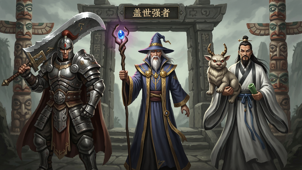 三位传奇风格角色并排站立,左侧是身穿重甲的战士手持大刀,中间是身披法袍的法师手握法杖,右侧是道袍飘逸的道士带着神兽,背景为古老的石门与图腾,画面风格为东方魔幻,色调沉稳,突出“盖世强者”职业选择界面,布局对称,画质清晰,无多余元素
