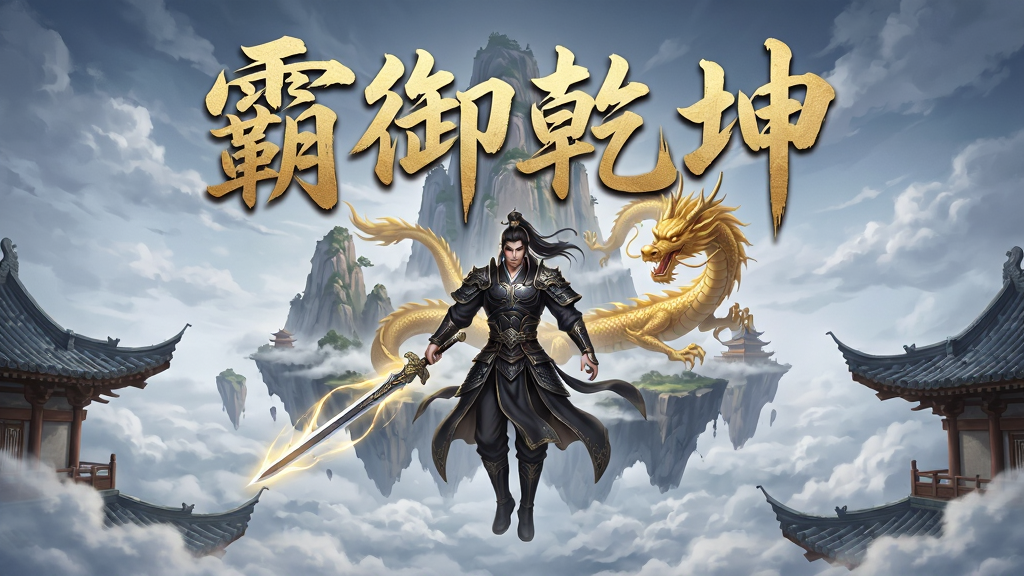 画面中央展示一款名为“霸御乾坤”的仙侠手游主视觉,主体为一位身穿玄色铠甲的御剑修士悬浮于云海之上,身后是巍峨的悬浮仙山与金色龙影,布局采用中心对称式,上方留白处用金色毛笔字体书写“霸御乾坤”四个大字,排版大气磅礴,风格为东方玄幻CG插画,细节包含流光剑气、飘渺云雾、古建筑飞檐,画质为4K超清,画面干净无多余元素。