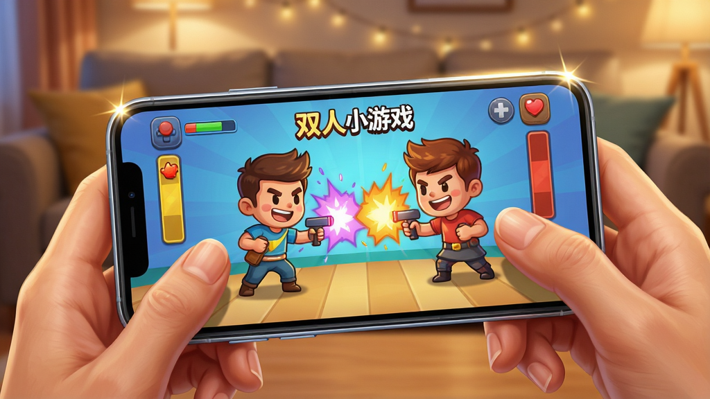 一张温馨的聚会场景图,画面中央是一部横向放置的智能手机,手机屏幕上显示双人小游戏的对战画面,两个卡通角色正在激烈交锋,手机两侧各有一只手正在触控操作,背景是模糊的室内沙发与暖色灯光,主体是手机与游戏画面,布局为特写居中,排版突出屏幕内容,风格为明亮写实插画风,细节包括手机边缘的高光、手指的肤色与指甲、屏幕内“双人小游戏”的Logo字样,画质超清,干净,无多余元素