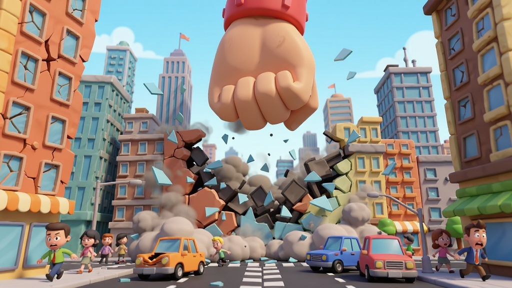 画面中央矗立着一座繁华的3D卡通城市,高楼大厦林立,街道上有汽车和行人,一个巨大的拳头从画面顶部砸下,建筑开始碎裂,玻璃飞溅,烟尘四起,城市呈现被破坏的瞬间,主体突出,布局层次分明,风格为3D卡通渲染,细节包括碎裂的墙体、飞散的玻璃碎片、扭曲的汽车、惊慌的路人,画质高清,干净,无多余元素