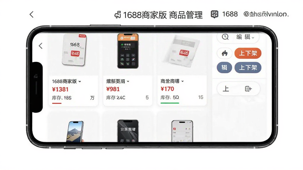 一部手机屏幕展示1688商家版商品管理页面,页面中排列着多个商品卡片,每个卡片包含商品图片、名称、价格和库存信息,画面右侧有编辑和上下架操作按钮,背景为纯白色,风格为简洁UI设计展示图,画面干净,文字标注