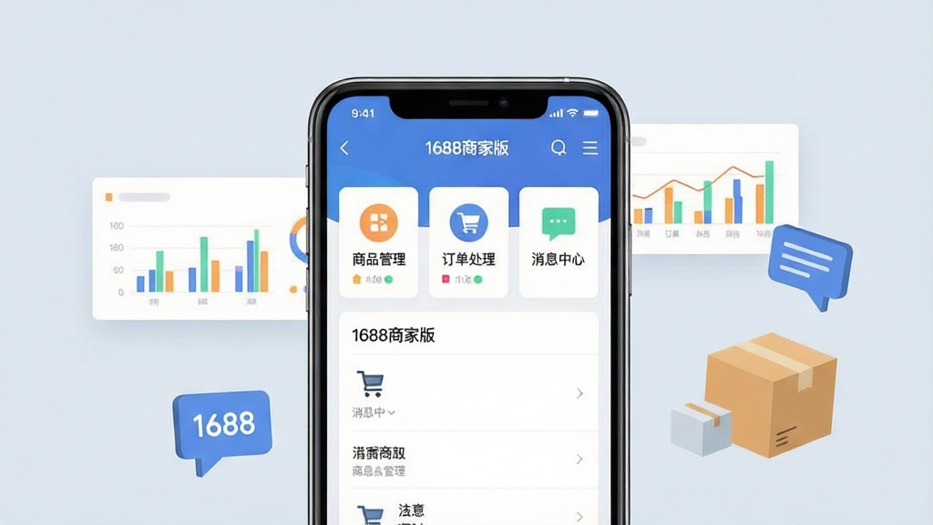 一张展示1688商家版应用界面的手机样机图,画面中央放置一部智能手机,屏幕显示1688商家版工作台首页,包含商品管理、订单处理、消息中心等模块图标,背景为简洁的浅蓝灰色调,周围环绕着数据图表、包裹箱、对话气泡等电商元素,整体风格为扁平化商务科技风,画面干净整洁,文字清晰标注
