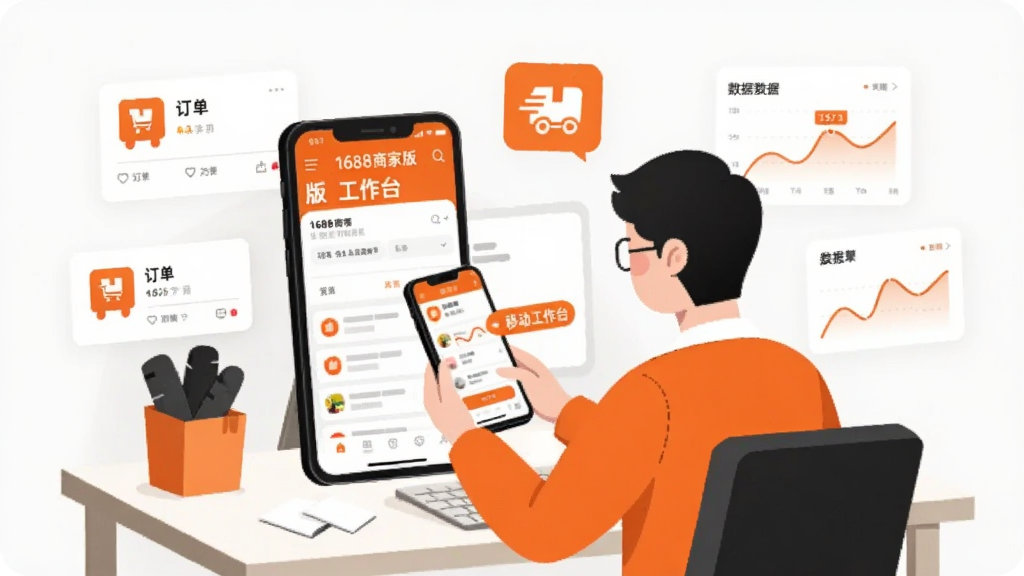 一个电商商家坐在办公桌前使用手机查看店铺数据的场景插画,画面中手机屏幕显示1688商家版工作台界面,周围悬浮着订单卡片、发货图标、数据折线图等元素,整体色调以橙色和白色为主,风格为现代扁平插画风,画面干净,文字标注