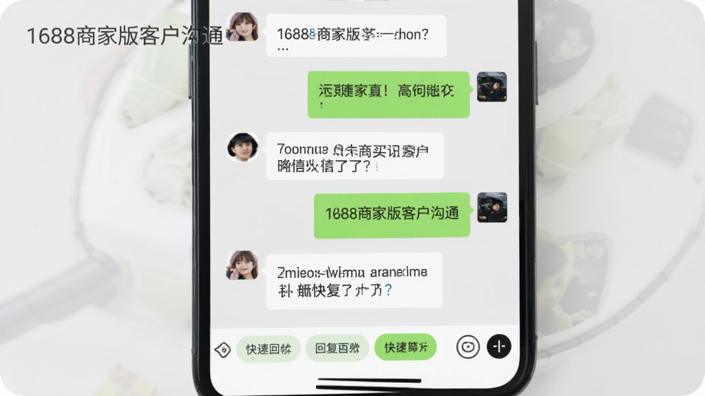 一部手机展示1688商家版消息聊天界面,屏幕中显示多个买家对话气泡,左侧为买家提问,右侧为商家回复,底部有快捷回复按钮,画面背景为浅灰色,风格为移动应用UI展示,画面干净,文字标注