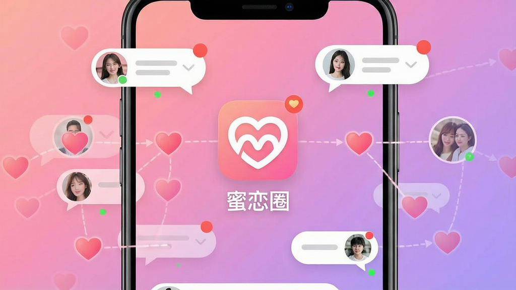 一张手机屏幕展示社交聊天应用主界面的图片,画面中央是“蜜恋圈”应用图标和名称,周围环绕多个用户头像气泡和心形连线,背景为柔和的粉紫渐变,整体布局简洁,排版居中,风格温馨现代,细节包括消息角标、在线状态小圆点,画质清晰,干净,无多余元素
