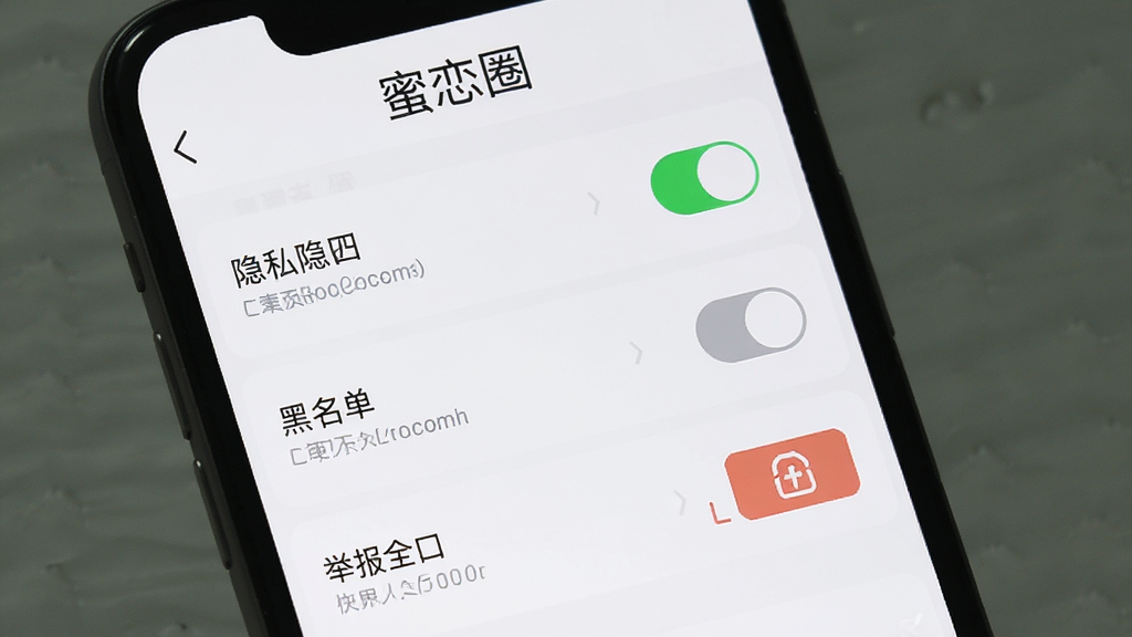 一张展示“蜜恋圈”安全设置页面的图片,主体是手机屏幕,屏幕中显示隐私开关、黑名单管理和举报入口,顶部有“蜜恋圈”字样,布局为列表式,排版规整,风格简洁冷静,细节包括开关按钮的绿色和灰色状态,画质清晰,干净,无多余元素