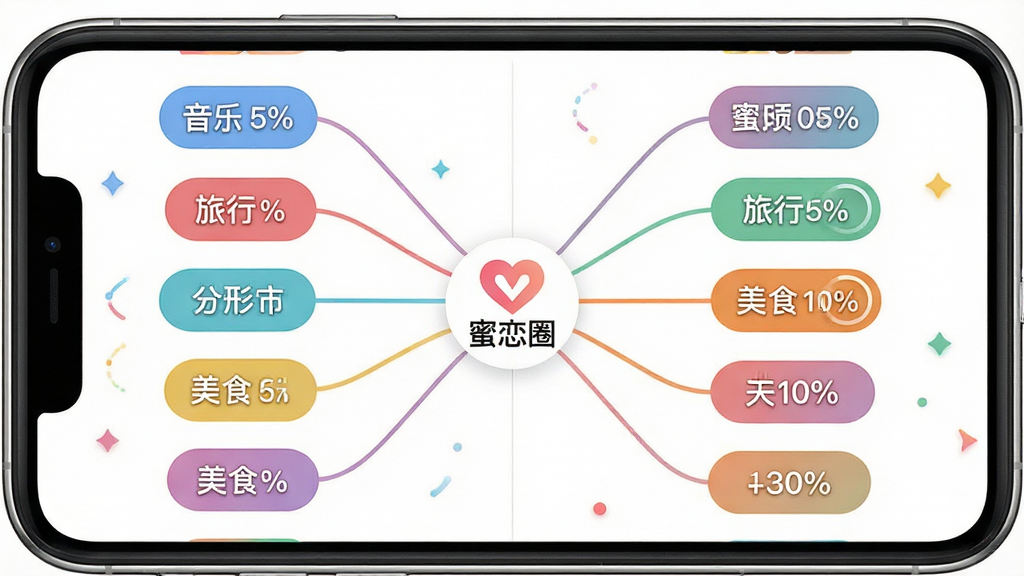 一张展示“蜜恋圈”兴趣标签匹配界面的图片,主体是手机屏幕,屏幕上排列多个彩色兴趣标签如音乐、旅行、美食,标签之间有连线汇聚到中央的“蜜恋圈”Logo,布局为左右分栏,排版清晰,风格清新明快,细节包括选中高亮状态和匹配百分比,画质清晰,干净,无多余元素
