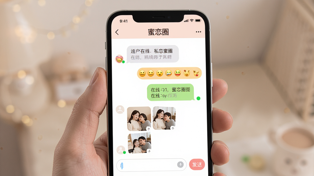 一张展示“蜜恋圈”私聊消息界面的图片,主体是手机屏幕,屏幕中显示对话气泡、表情图标和图片缩略图,顶部有“蜜恋圈”字样,布局为上下结构,排版整齐,风格柔和温馨,细节包括在线状态、输入框和发送按钮,画质清晰,干净,无多余元素