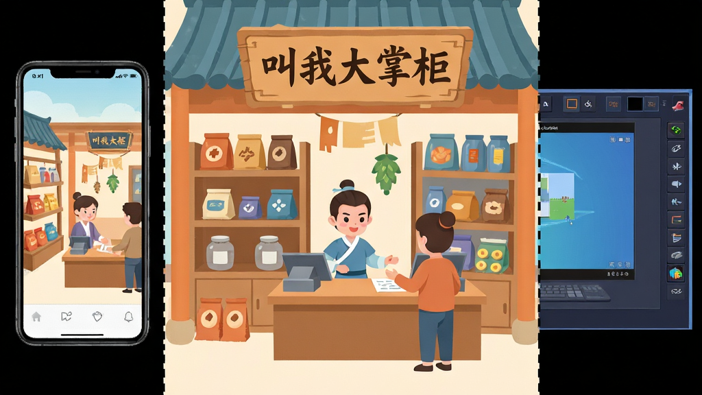 一幅古代店铺经营场景图,画面中央是一间挂着“叫我大掌柜”匾额的杂货铺,铺内货架上摆满商品,柜台前有一位玩家角色正在与顾客交易,画面左侧显示手机界面,右侧显示电脑模拟器界面,中间用虚线分隔,风格为扁平化插画,布局采用左右对比构图,细节清晰,色彩以暖橙、浅蓝、米白为主,画质高清,干净无多余元素