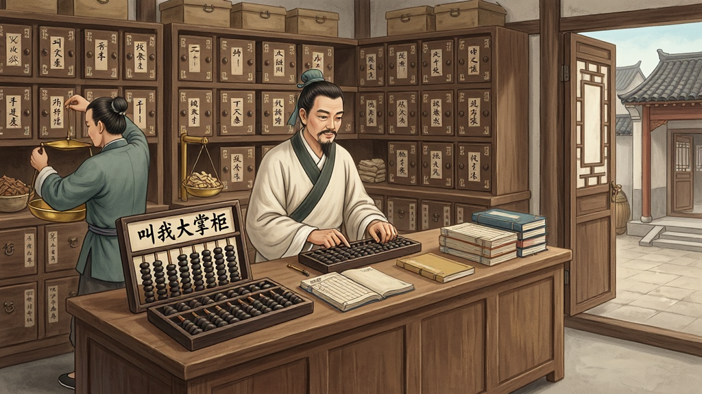 一幅古代药铺内部场景图,画面中央是木质柜台,柜台上摆放着写有“叫我大掌柜”字样的算盘和账本,柜台后是一位穿着古装的掌柜正在拨算盘,两侧药柜上贴满药材标签,有伙计在称量药材,画面右侧有一扇半开的门,门外可见街道一角,风格为工笔画国风,细节精致,色彩以原木色、米白、墨绿为主,画质高清,干净无多余元素
