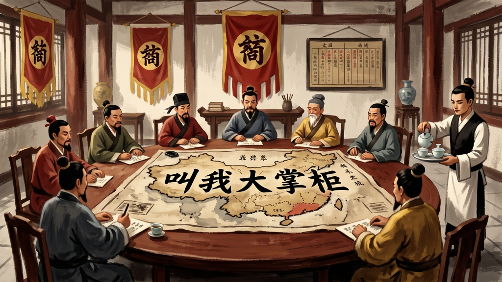 一幅古代商会大厅场景图,画面中央是一张巨大的圆桌,桌上铺着写有“叫我大掌柜”字样的商会地图,桌边坐着多位穿着不同颜色古装的商人正在议事,背景墙上挂着商会旗帜和账目板,画面右侧有侍者端茶倒水,风格为写意国风,布局采用对称式构图,细节丰富,色彩以深红、金色、墨色为主,画质高清,干净无多余元素