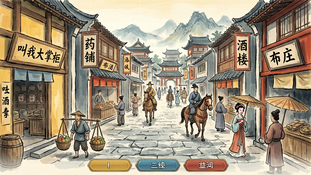 一幅古代繁华街市全景图,画面中央是一条青石板铺成的商业街道,两侧林立着各式店铺,有药铺、酒楼、布庄、当铺等,店铺招牌上分别写着“叫我大掌柜”“药铺”“酒楼”“布庄”等字样,街道上行人络绎不绝,有挑担的货郎、骑马的商人、撑伞的仕女,远处是层叠的屋顶和远山,整体布局采用横向长卷式构图,画面下方留出空间放置游戏UI按钮,风格为清新水墨国风,细节丰富,色彩以暖黄、青灰、朱红为主,画质高清,干净无多余元素