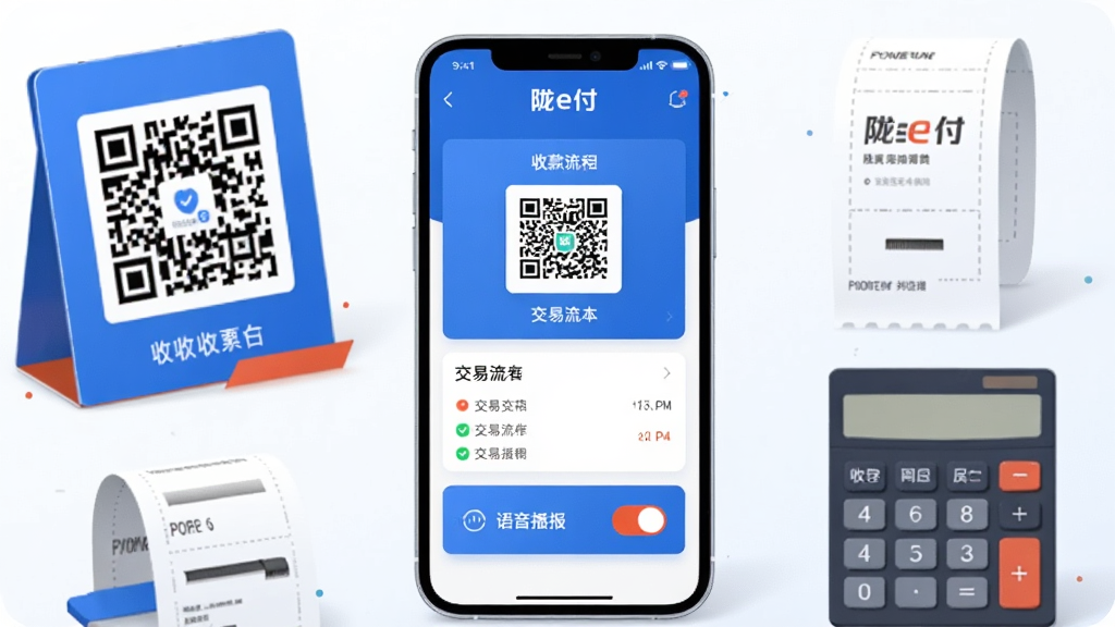 画面中央一部智能手机竖屏展示,屏幕内呈现“陇e付”应用主界面,包含收款码、交易流水、语音播报开关等模块;手机周围环绕着收款二维码立牌、打印小票、计算器等经营元素;整体布局采用左中右三分构图,主体突出;风格为现代扁平化科技插画,配色以蓝白为主、点缀橙红强调色;细节上屏幕图标清晰、文字锐利、光影柔和;画质高清、画面干净、无多余元素。