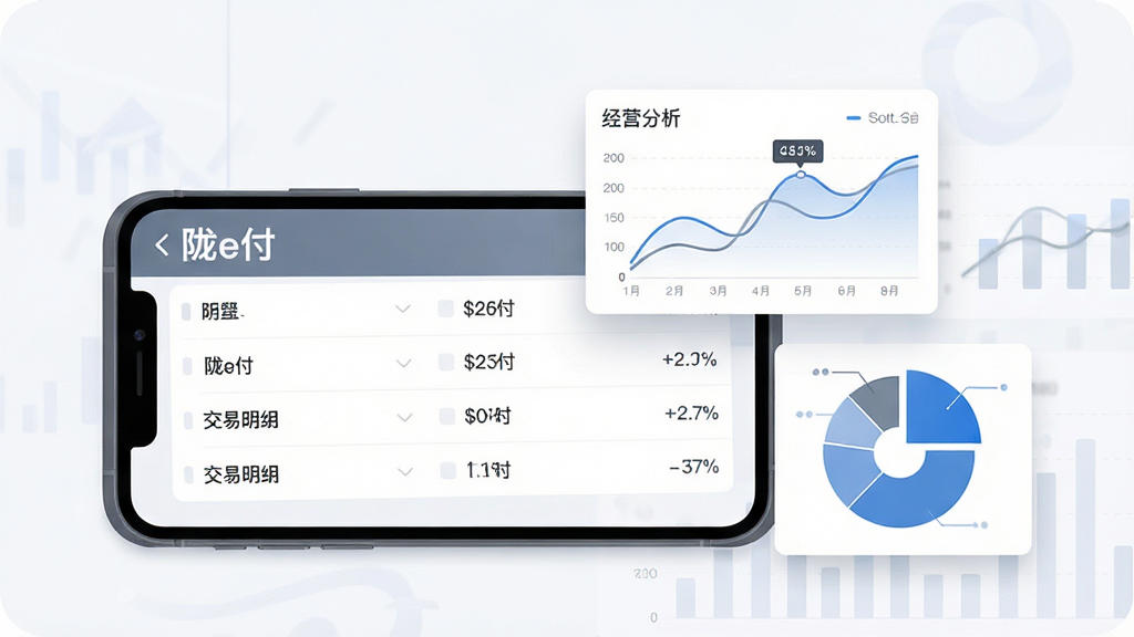 画面中一部手机横屏展示“陇e付”交易明细列表界面,旁边漂浮着折线图、饼状图等数据可视化元素,代表经营分析;布局采用左屏右图构图;风格为现代商务数据插画,配色蓝灰为主;细节上图表清晰、数字锐利、界面整洁;画质高清、画面干净、无多余元素。
