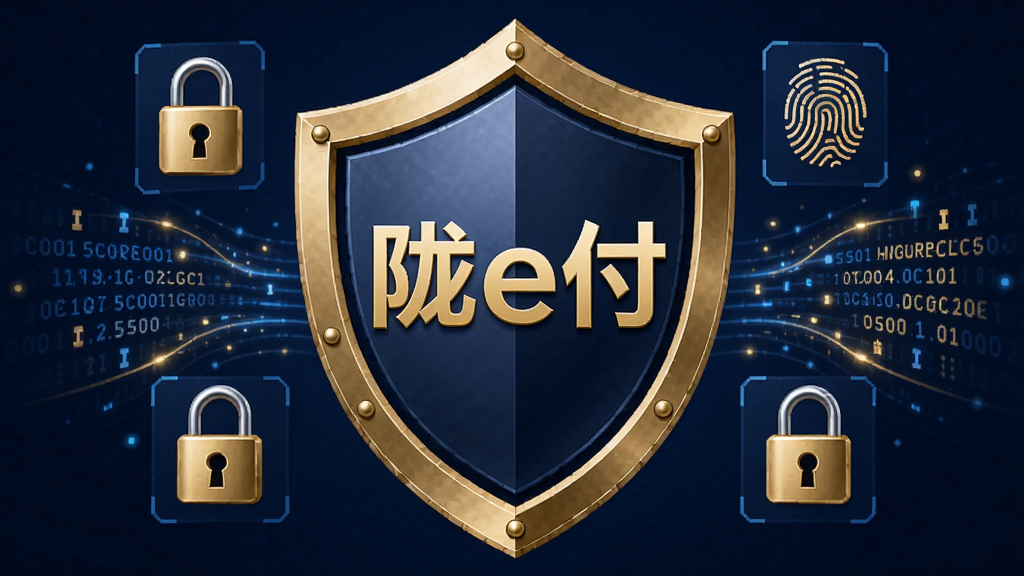 画面中央是一个盾牌图标,盾牌内显示“陇e付”字样,盾牌周围有锁头、指纹、加密数据流等安全元素环绕;布局采用中心对称构图;风格为科技安全主题插画,配色深蓝与金色;细节上盾牌质感强烈、数据流线条流畅;画质高清、画面干净、无多余元素。