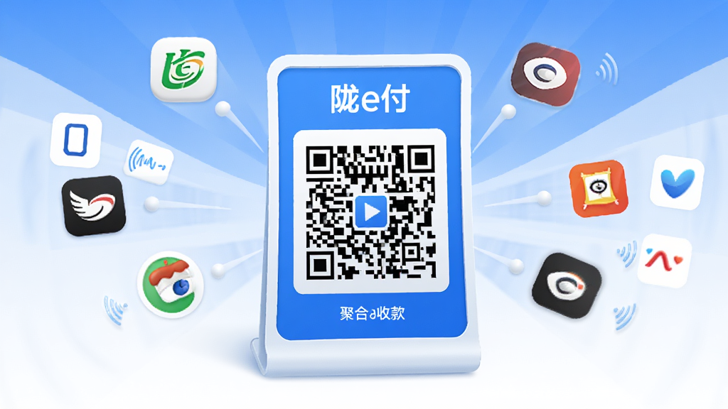 画面中心是一个立式收款码牌,牌面显示“陇e付”字样与聚合收款码,周围有多个支付图标向码牌汇聚,代表不同支付方式统一接入;布局采用中心放射式构图;风格为简洁商务插画,配色蓝白渐变;细节上图标精致、线条流畅、光影自然;画质清晰、画面干净、无多余元素。
