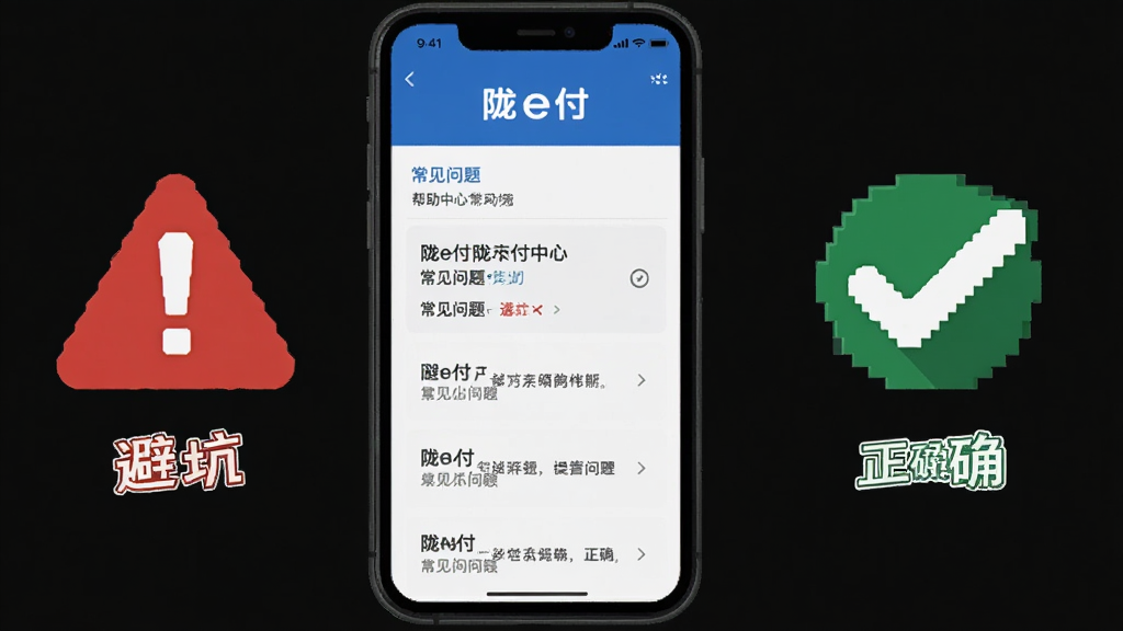 画面中一部手机屏幕显示“陇e付”帮助中心与常见问题列表界面,手机旁边有一个红色警示三角图标和绿色对勾图标,分别代表避坑与正确操作;布局采用左机右图标构图;风格为扁平化提示插画,配色蓝白红绿;细节上图标简洁醒目、界面清晰;画质高清、画面干净、无多余元素。