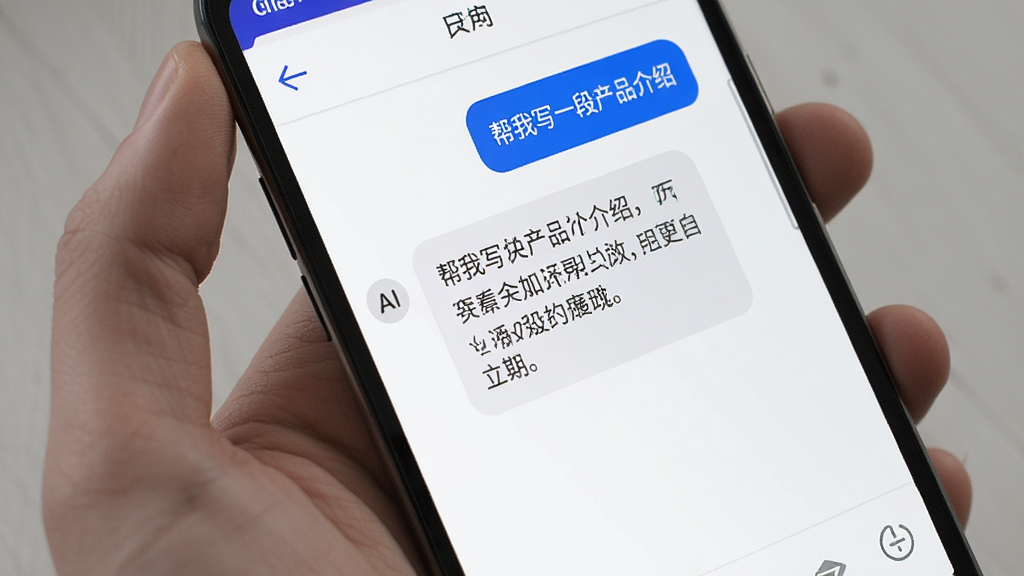 一部安卓手机屏幕显示豆包Lite聊天界面,用户发送“帮我写一段产品介绍”,AI回复一段文字,界面简洁,背景为白色,对话气泡为蓝色和灰色,风格现代,画质高清,无多余元素