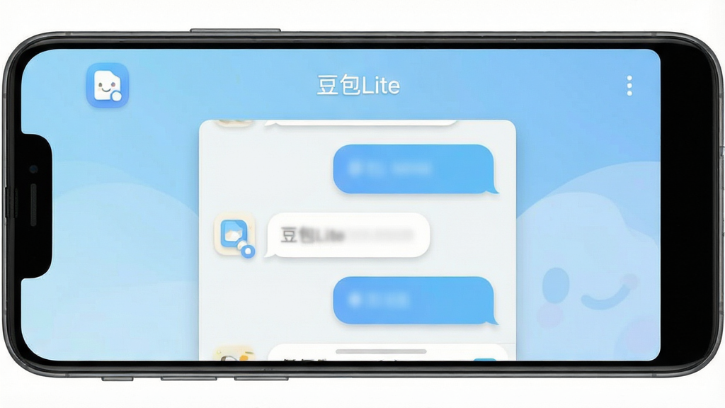 一张展示豆包Lite软件界面的图片,主体为一部安卓手机屏幕,屏幕中央显示简洁的聊天对话窗口,窗口顶部有“豆包Lite”文字标识,背景为浅蓝色渐变,布局居中,排版清晰,风格为现代科技简约风,细节包括圆角图标、柔和阴影、对话气泡,画质高清,干净,无多余元素
