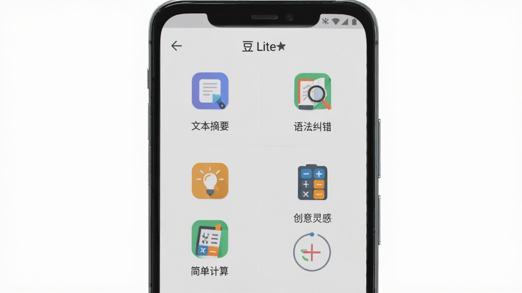 一部安卓手机屏幕显示豆包Lite功能菜单界面,菜单项包括“文本摘要”“语法纠错”“创意灵感”“简单计算”,图标为扁平化彩色小图标,布局为网格状,背景为浅灰色,风格清爽,画质高清,无多余元素