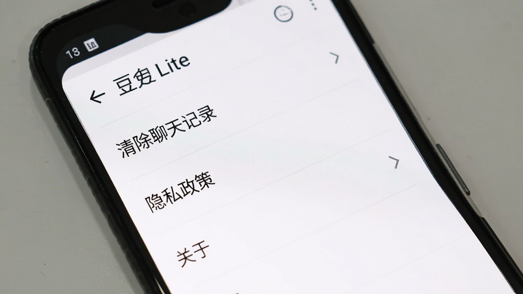 一部安卓手机屏幕显示豆包Lite设置界面,界面中有“清除聊天记录”“隐私政策”“关于”等选项,背景为白色,文字为黑色,风格简洁商务,画质高清,无多余元素
