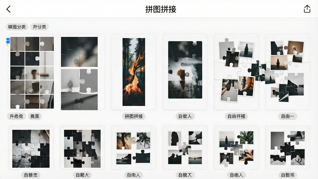 一张拼图拼接软件的模板选择界面截图,画面中排列着多种拼图布局缩略图,包括网格、长图、自由拼贴等样式,顶部有“拼图拼接”标题,布局为网格状排列,风格现代简约,细节包括模板预览图和分类标签,画质清晰,干净,无多余元素