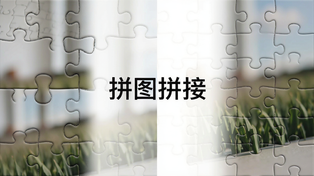 一张展示拼图拼接软件无缝拼接效果的对比图,左侧是两张有接缝的照片,右侧是拼接后过渡自然的完整长图,画面中央有“拼图拼接”字样,布局左右对比,风格写实,细节包括像素融合的渐变区域,画质清晰,干净,无多余元素